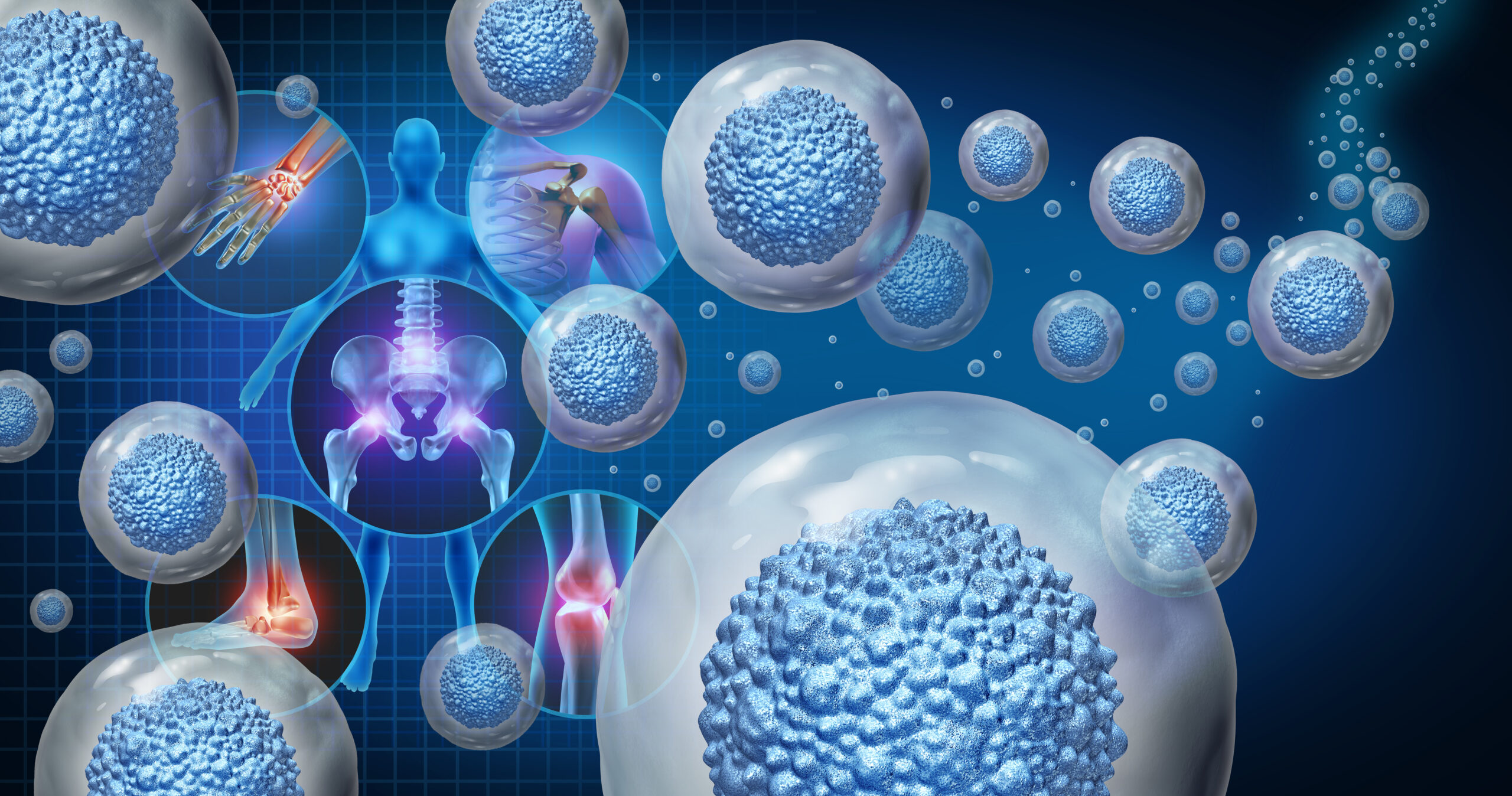 Illustration of stem cells and musculoskeletal systems highlighting the focus of cell therapy advancements in treating conditions like lumbar disc degeneration.