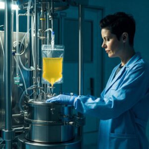 Scientist in a lab coat working with a 100 mL bag of yellow liquid in a bioreactor system.