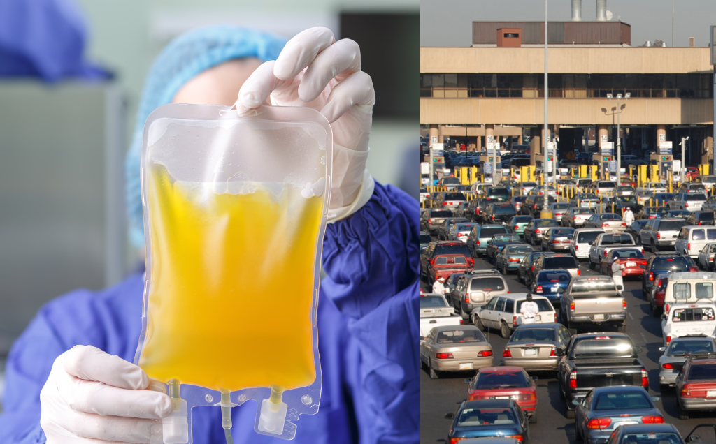 Split image showing a medical technician holding a plasma bag next to a busy U.S.–Mexico border crossing packed with vehicles. Represents plasma supply dependency on cross-border donors.