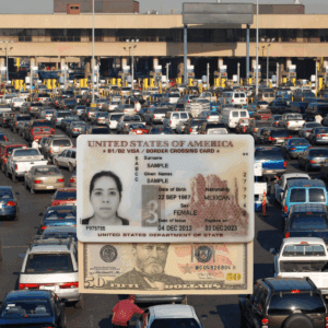 U.S. Border Crossing Card overlaid on a $50 bill, representing compensated plasma donations by Mexican nationals entering the United States.