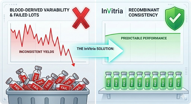 Diagram comparing blood-derived serum variability with recombinant consistency, showing failed lots and inconsistent yields versus predictable recombinant performance.