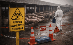 Biosecurity warning sign at a pig farm during an African swine fever outbreak.