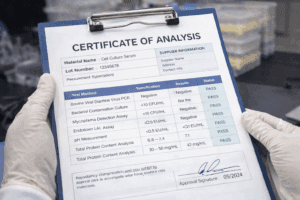 Certificate of Analysis document used for quality control of biopharmaceutical raw materials.
