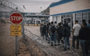 Line of people outside a plasma donation center near the U.S.–Mexico border crossing.