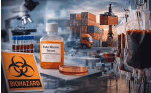 Laboratory equipment, blood products, and shipping containers representing biomanufacturing supply challenges.