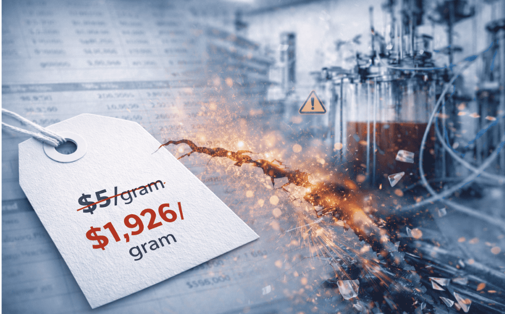 Price tag showing a crossed-out $5 per gram replaced with $1,926 per gram against a fractured biomanufacturing background, illustrating hidden cost risk of serum-derived albumin.