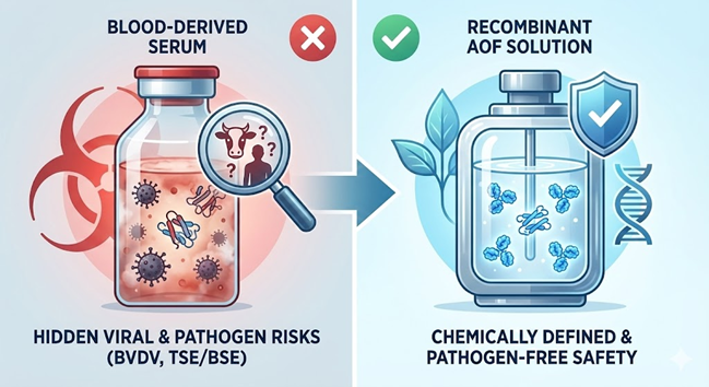 Conceptual illustration comparing blood-derived serum risks with recombinant, chemically defined alternatives.