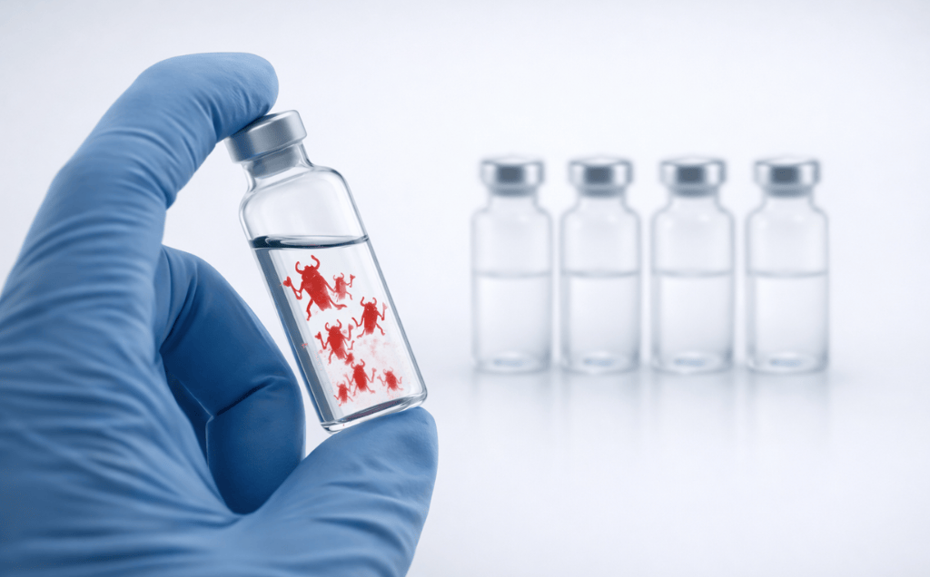 Gloved hand holding a vial with visible red particulate matter, contrasted against clear vials in the background, representing instability in biologic formulations.