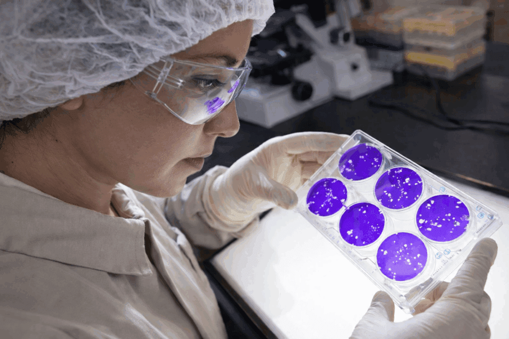 Laboratory scientist examining cell culture plates during quality control testing.