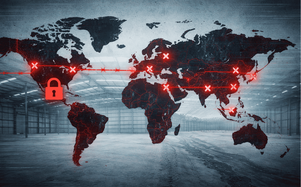 Global map showing disrupted supply routes highlighted in red, symbolizing vulnerabilities in international supply chains.
