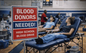 High school blood drive with students donating blood in a gymnasium.