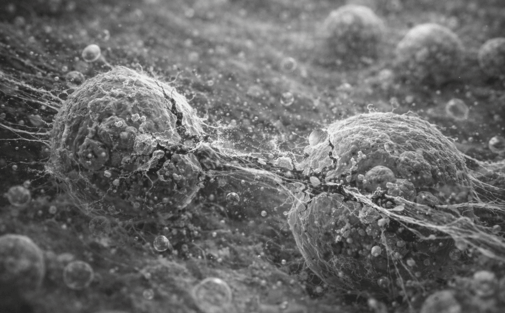 Electron micrograph-style image of mammalian cells experiencing shear stress, showing membrane deformation and intercellular strain under turbulent conditions.