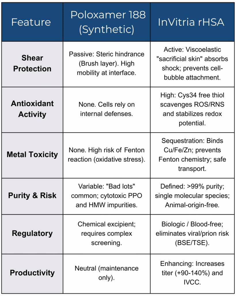 Comparison table outlining functional differences between poloxamer 188 and recombinant human serum albumin (rHSA) across shear protection, antioxidant activity, metal toxicity, purity, regulatory considerations, and productivity.