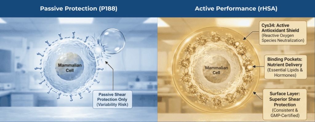 Side-by-side conceptual illustration comparing passive shear protection by poloxamer 188 and active, multifunctional protection by recombinant human serum albumin surrounding a mammalian cell.