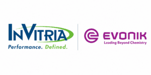 InVitria and Evonik logos displayed side by side on a white background, separated by a thin vertical gray line. The InVitria logo includes the tagline "Performance. Defined." beneath the company name, while the Evonik logo includes the tagline "Leading Beyond Chemistry.