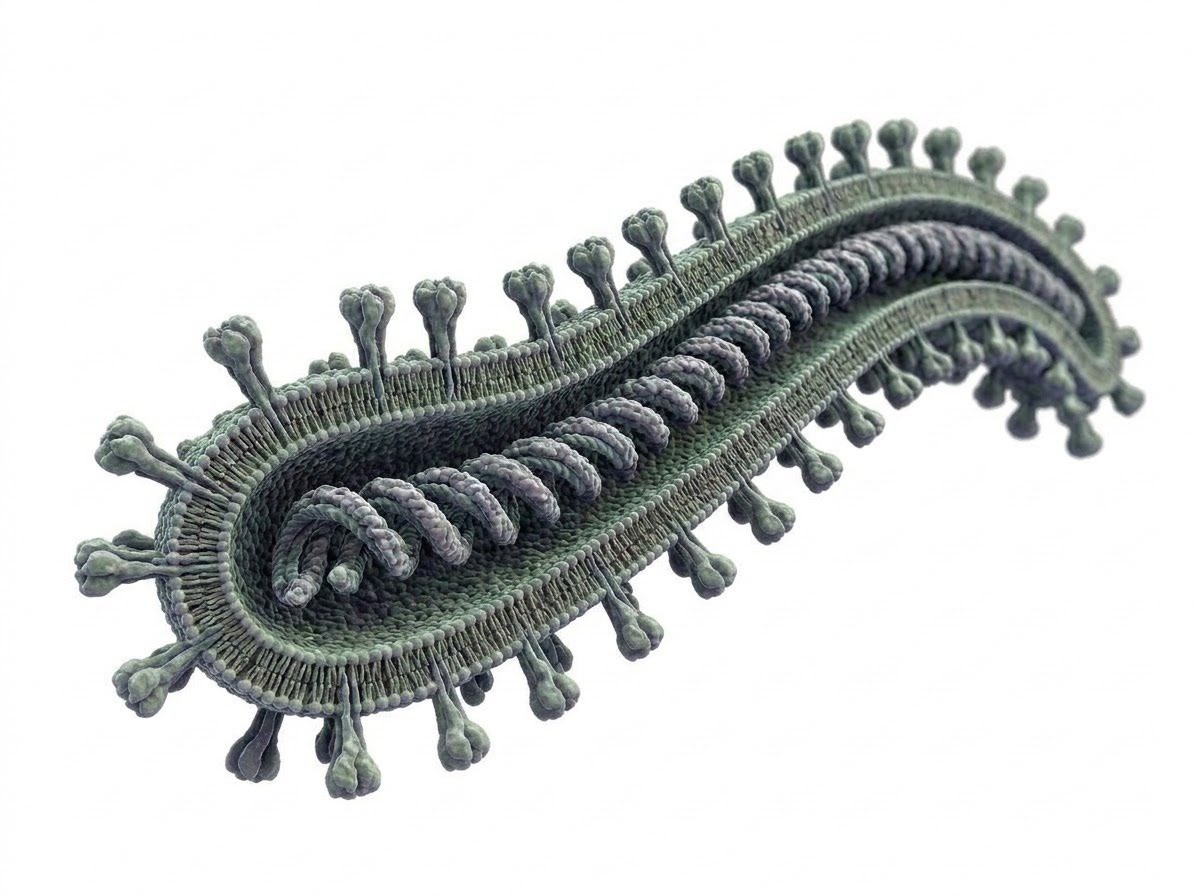 Three-dimensional render of a filovirus virion showing the enveloped lipid bilayer and surface glycoprotein spikes