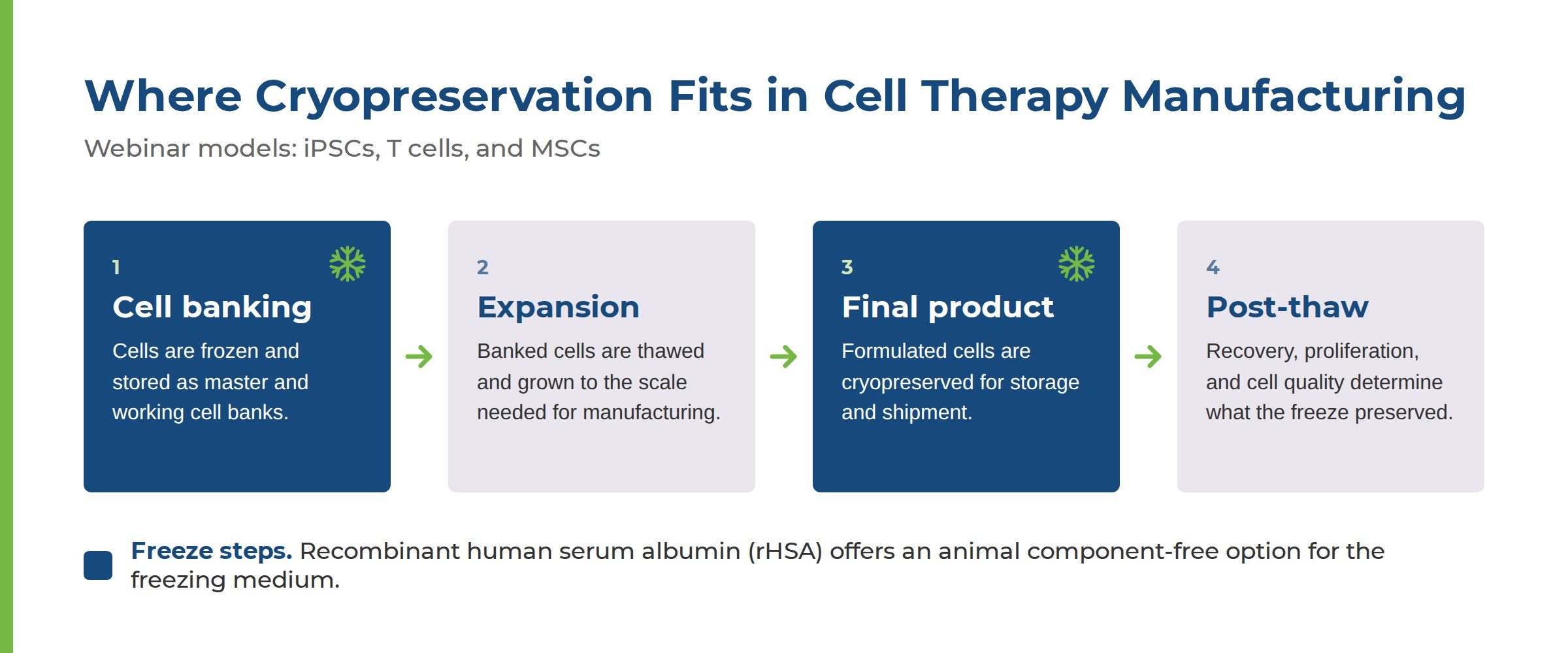 Cryopreservation occurs at cell banking and final product steps in cell therapy manufacturing